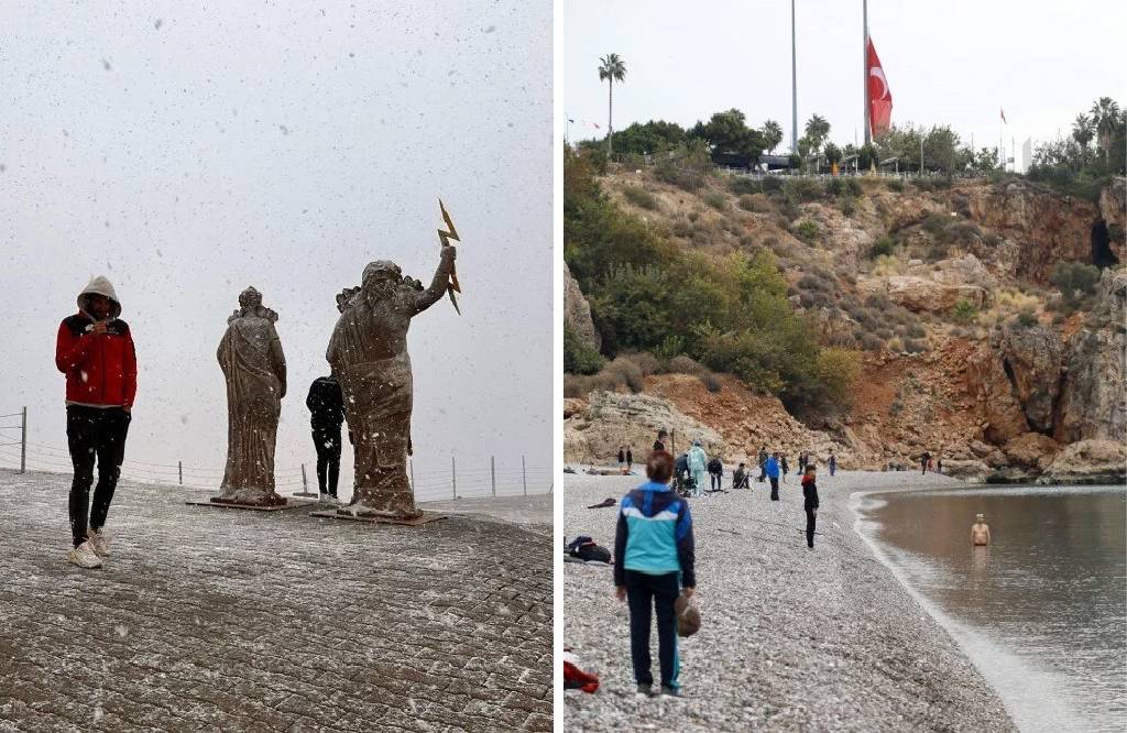 Aynı şehir, iki mevsim! Antalya’da bir yanda kar, bir yanda deniz keyfi...