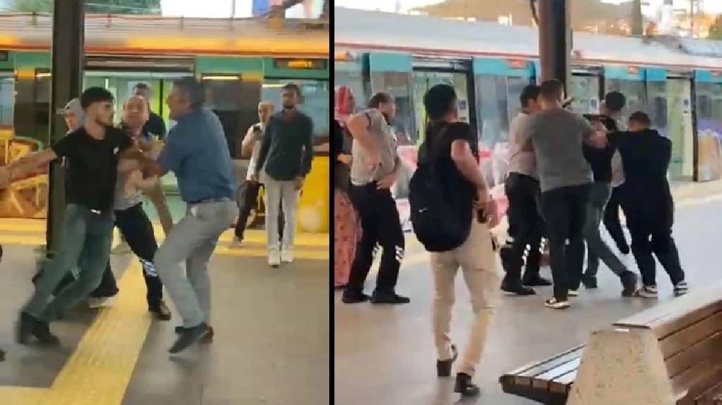 Marmaray istasyonunda tekmeli yumruklu kavga!