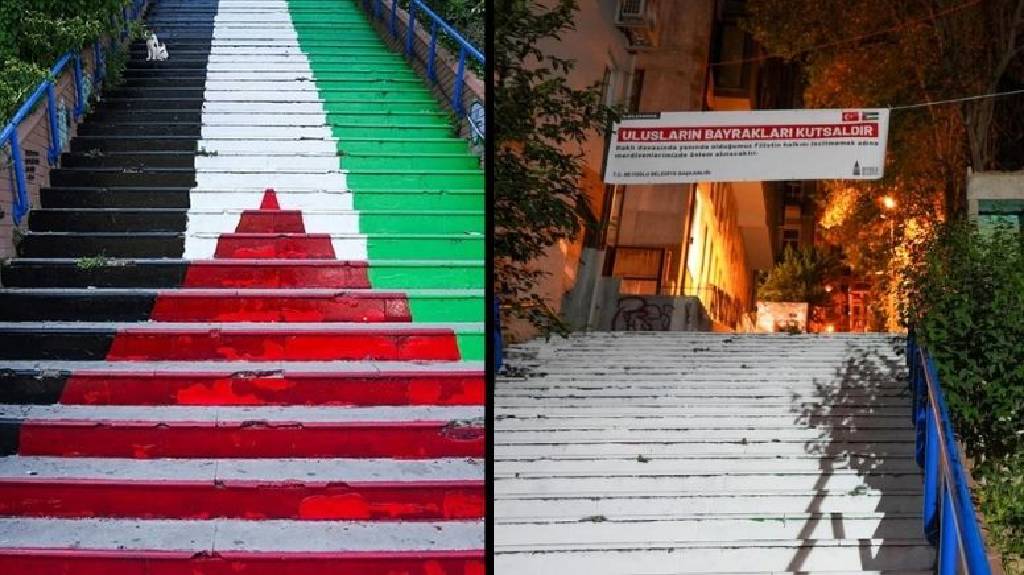 Cihangir merdivenleri Filistin bayrağı renklerine boyanmıştı... Belediyeden açıklama geldi...