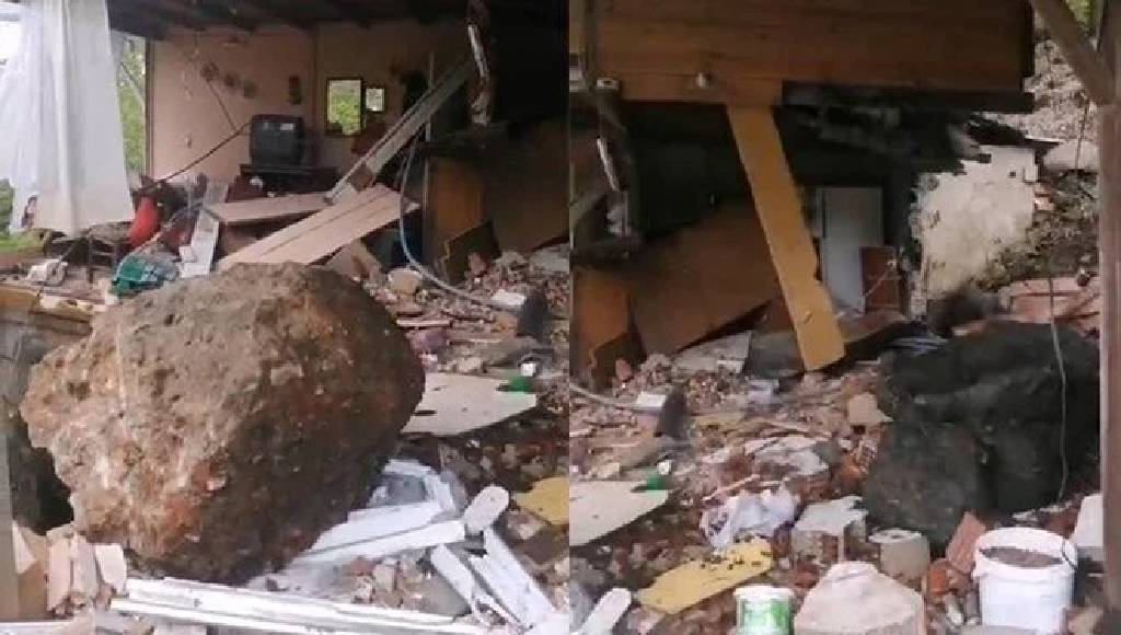 Rize'de heyelan felaketi! Yamaçtan kopan kayalar eve düştü...